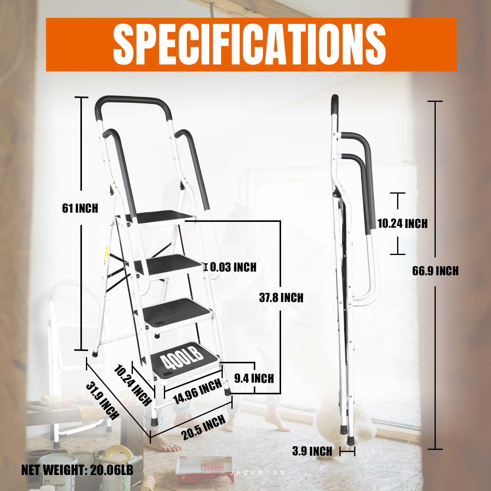 Jack Boss ladder opened for reach to high shelves and cabinets.