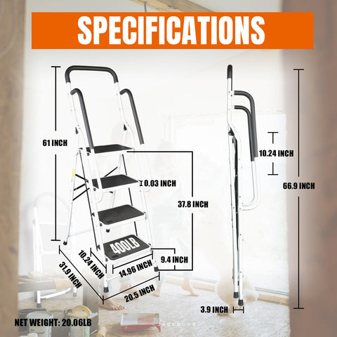 Jack Boss ladder opened for reach to high shelves and cabinets.