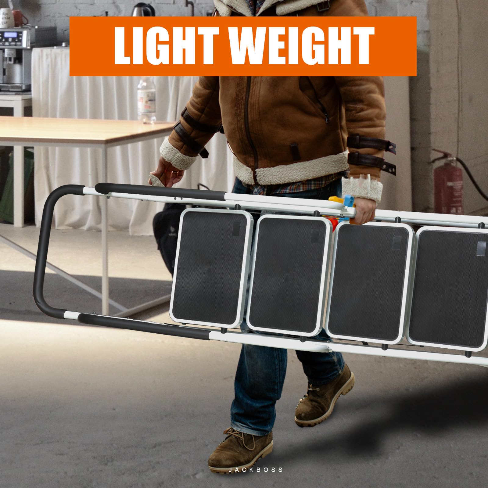 Jack Boss safety lock engaged for enhanced ladder stability.