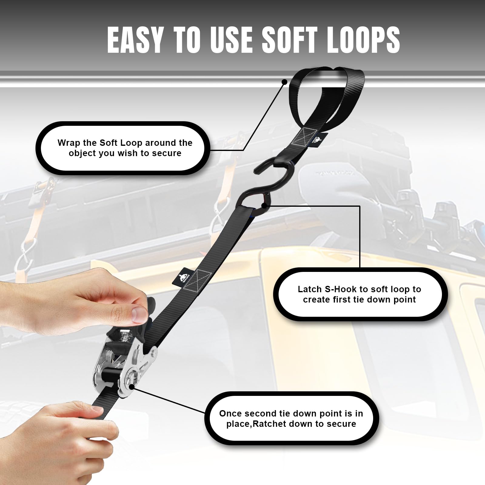 Ratchet mechanism on Jack Boss straps delivers smooth tightening.