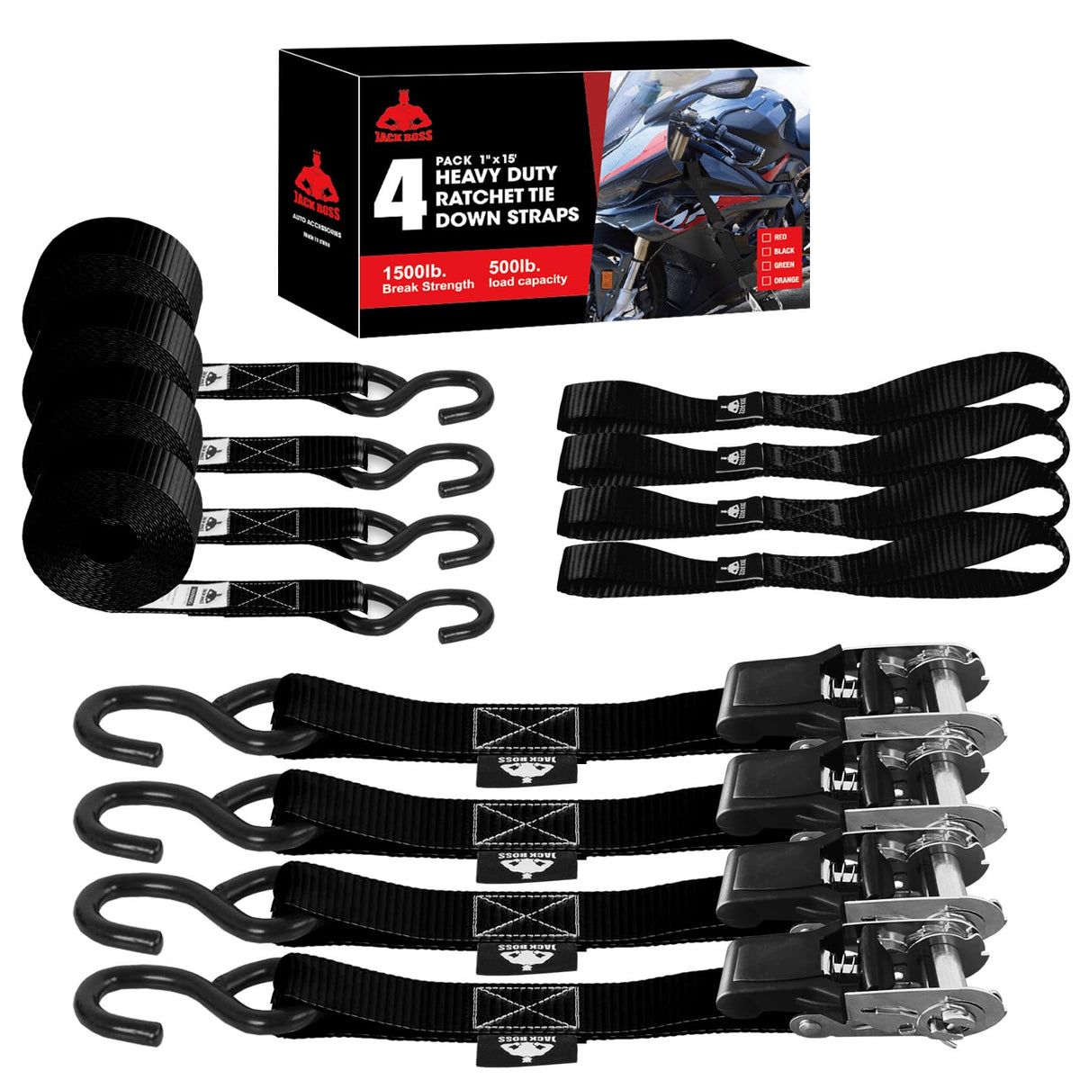 Jack Boss ratchet strap set assembled for secure cargo transport.