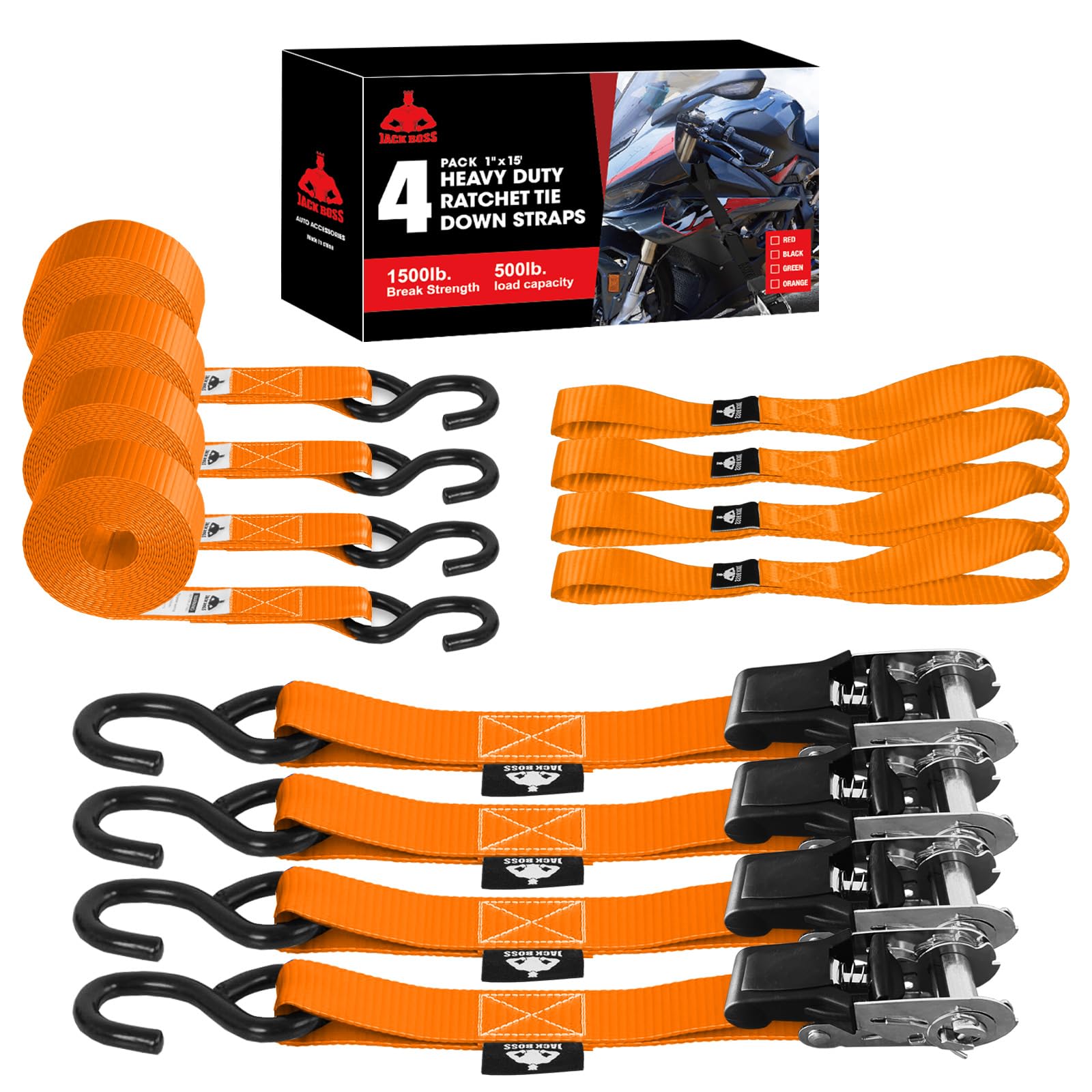 Jack Boss ratchet tie-down set in orange, 1in x 15ft, four-pack for secure cargo.