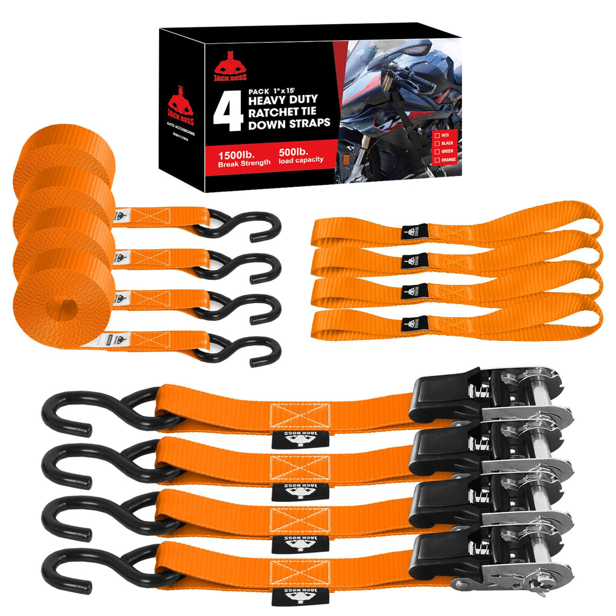Jack Boss ratchet tie-down set in orange, 1in x 15ft, four-pack for secure cargo.