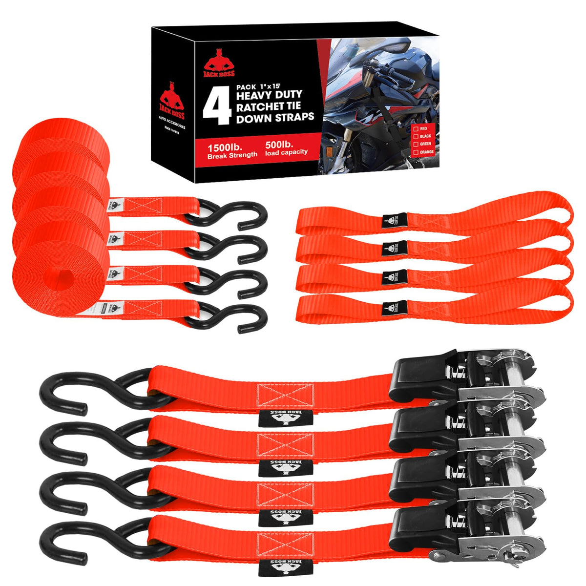 Jack Boss ratchet tie down straps kit components and packaging ready to secure cargo