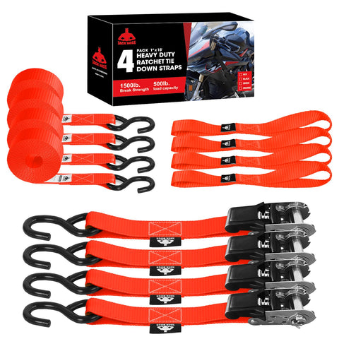 Jack Boss ratchet tie down straps kit components and packaging ready to secure cargo