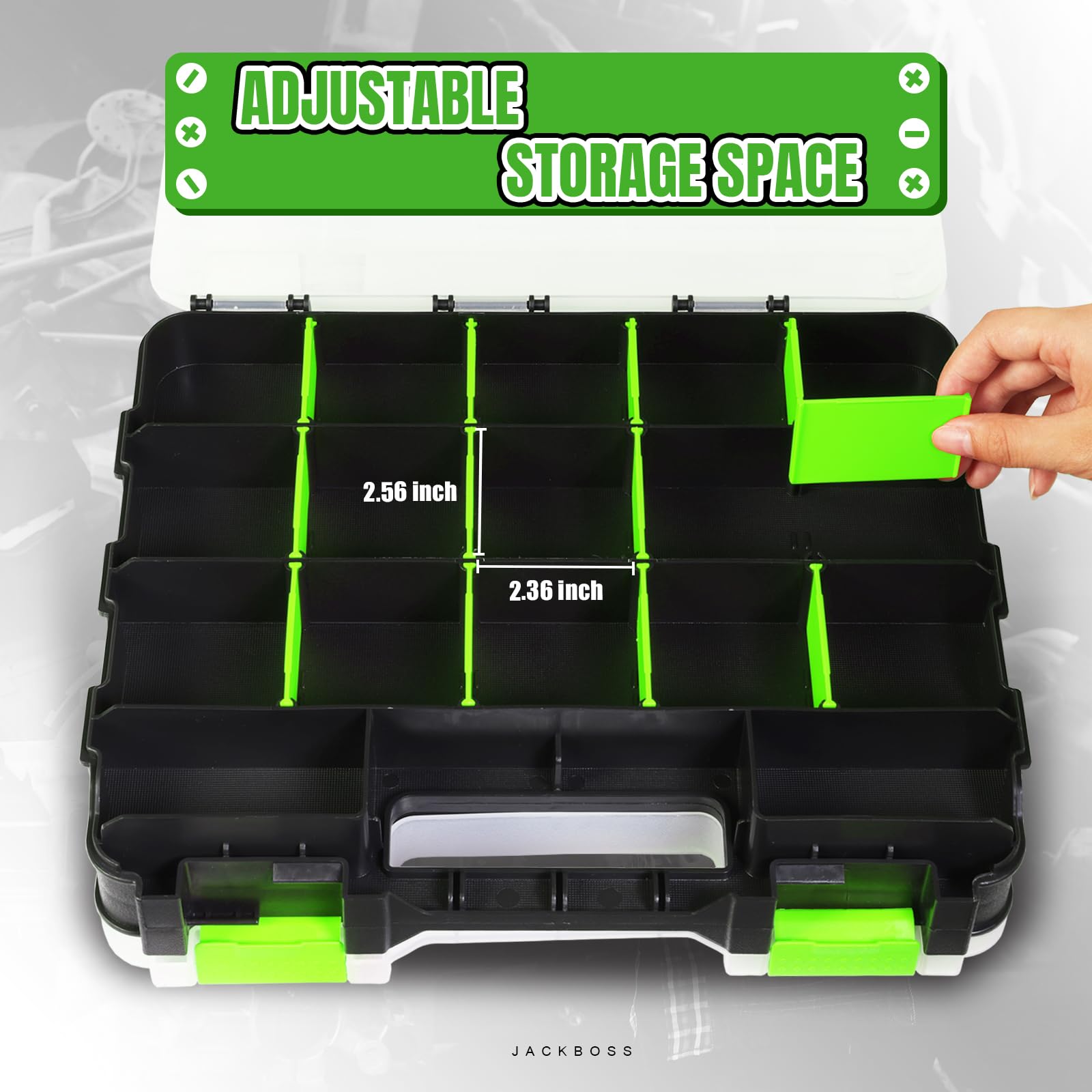 Jack Boss with 24 removable dividers for customizable organization.