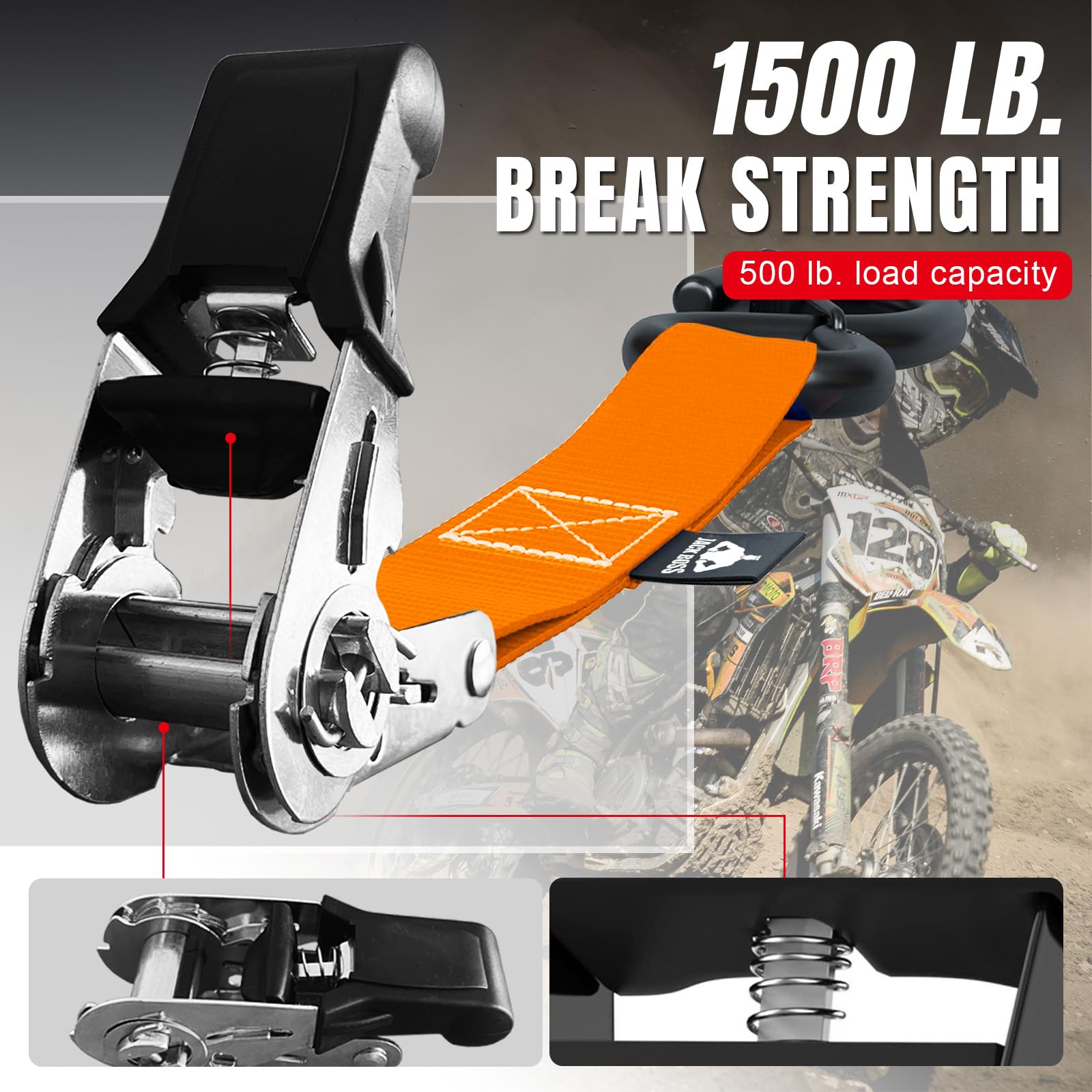 Jack Boss soft loop pads on strap end to protect cargo and anchor points.