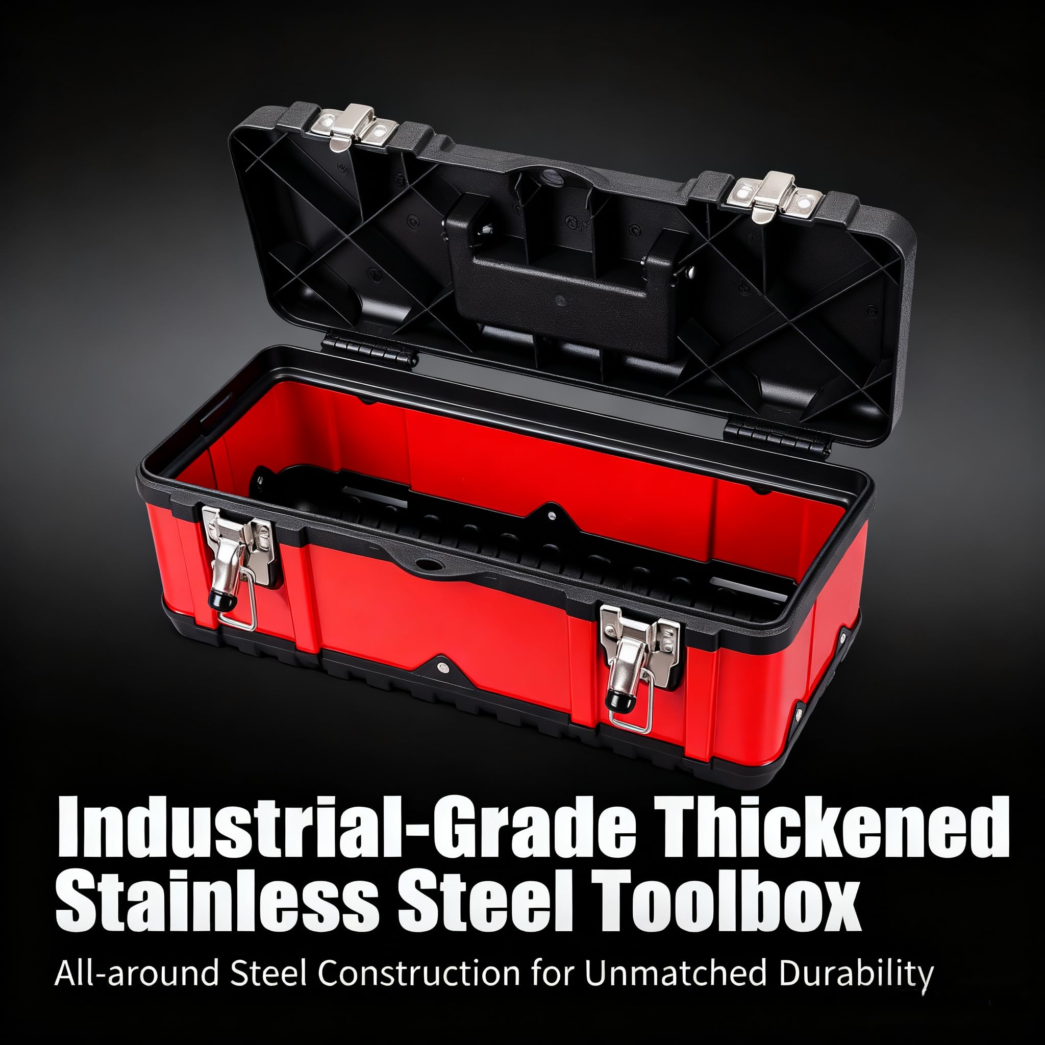 Jack Boss tool box interior with removable tray for quick access to tools.