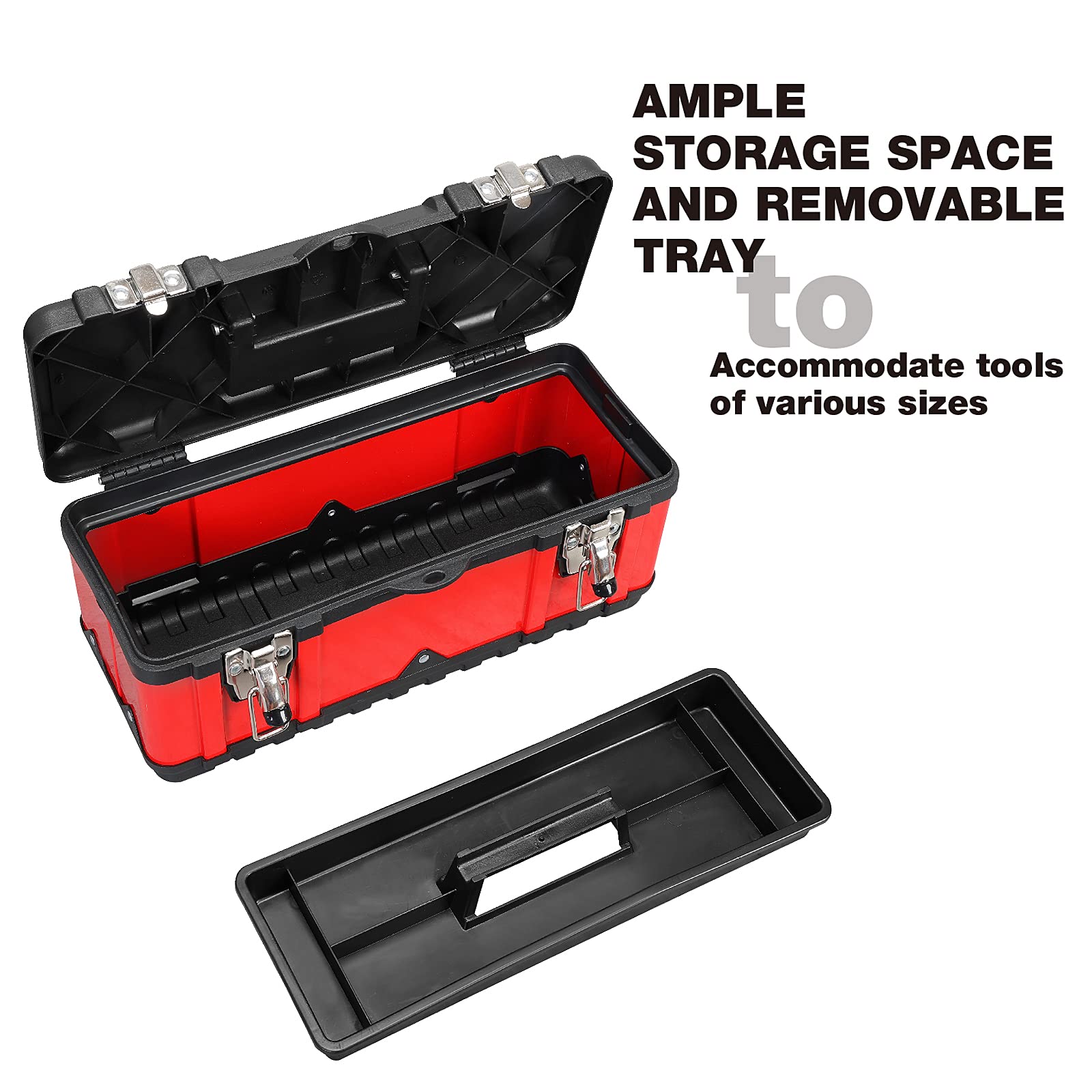 Jack Boss steel tool box in a car trunk for roadside tasks.