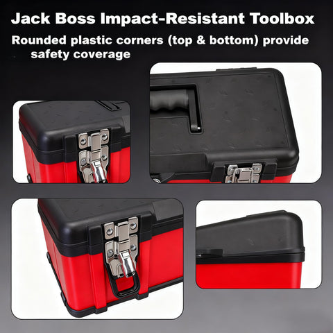 Jack Boss tool box with non-slip rubber handle for firm grip.