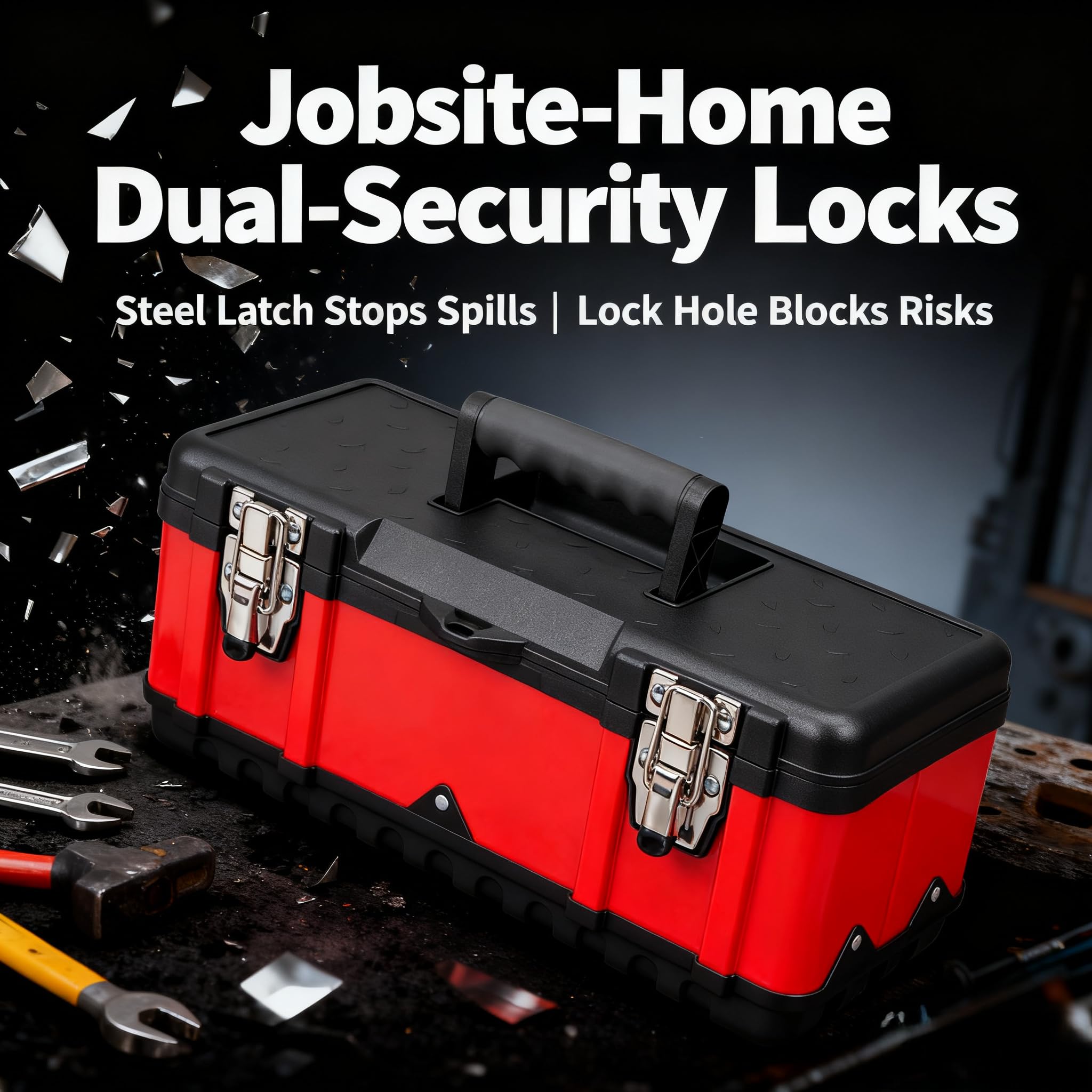 Jack Boss toolbox with two latches and lock eyehole for security.