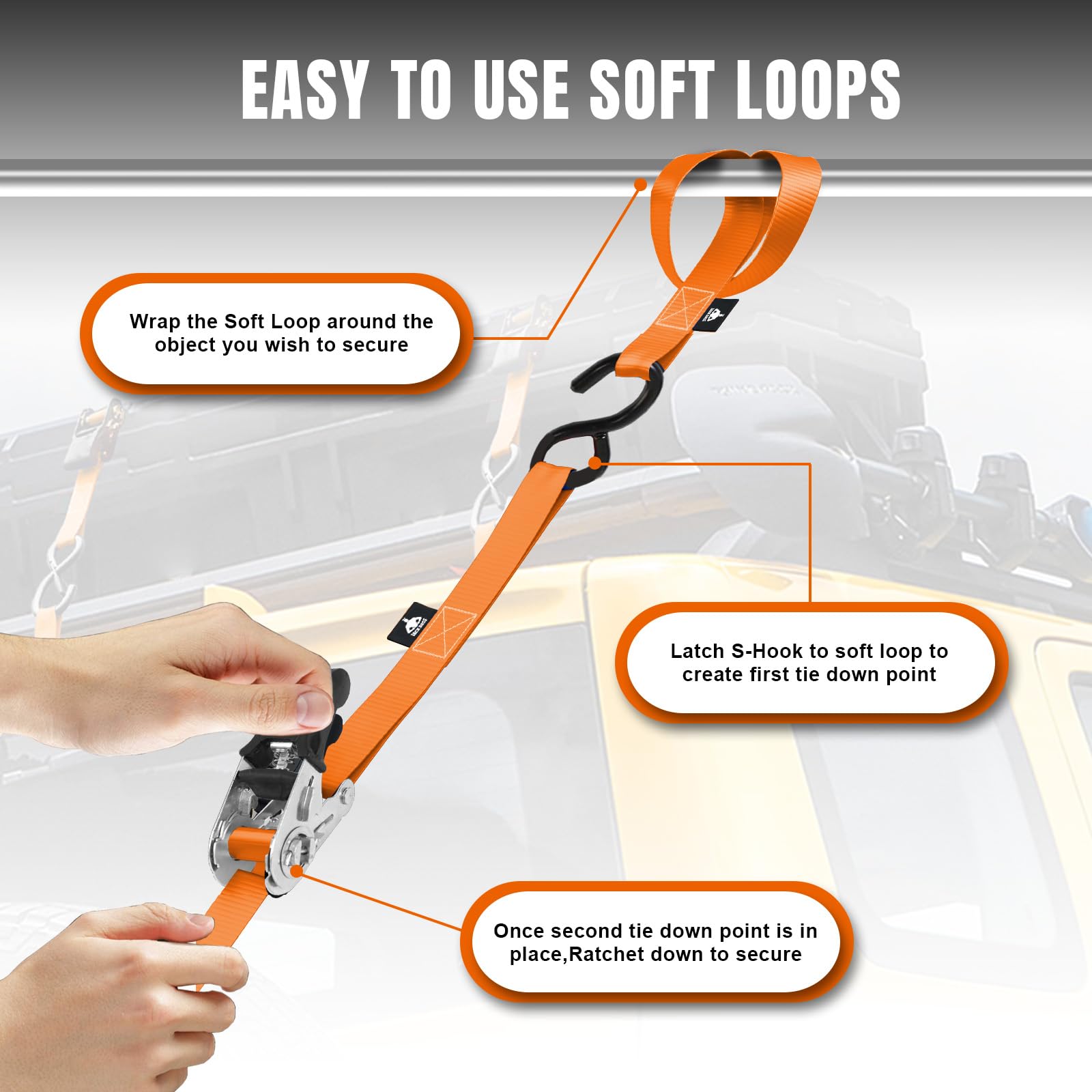 1in width and 15ft length from Jack Boss provide versatile attachment options.