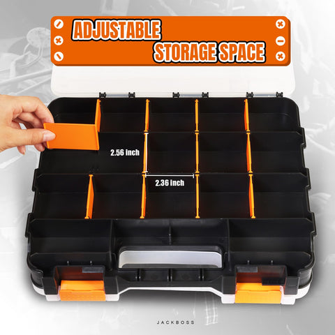 Removable dividers in Jack Boss box enable customized compartments for screws and beads.