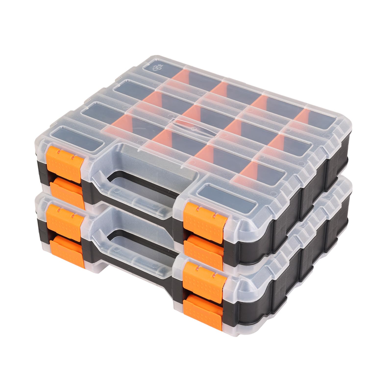 Jack Boss tool box with transparent lid showing organized hardware at a glance.
