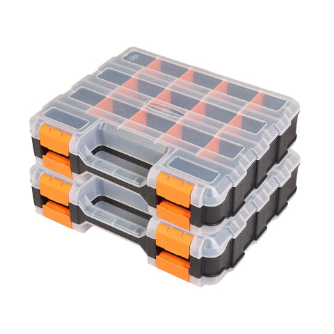 Jack Boss tool box with transparent lid showing organized hardware at a glance.