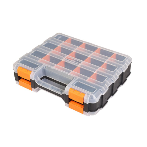 Jack Boss tool box with transparent lid showing organized screws and small parts.