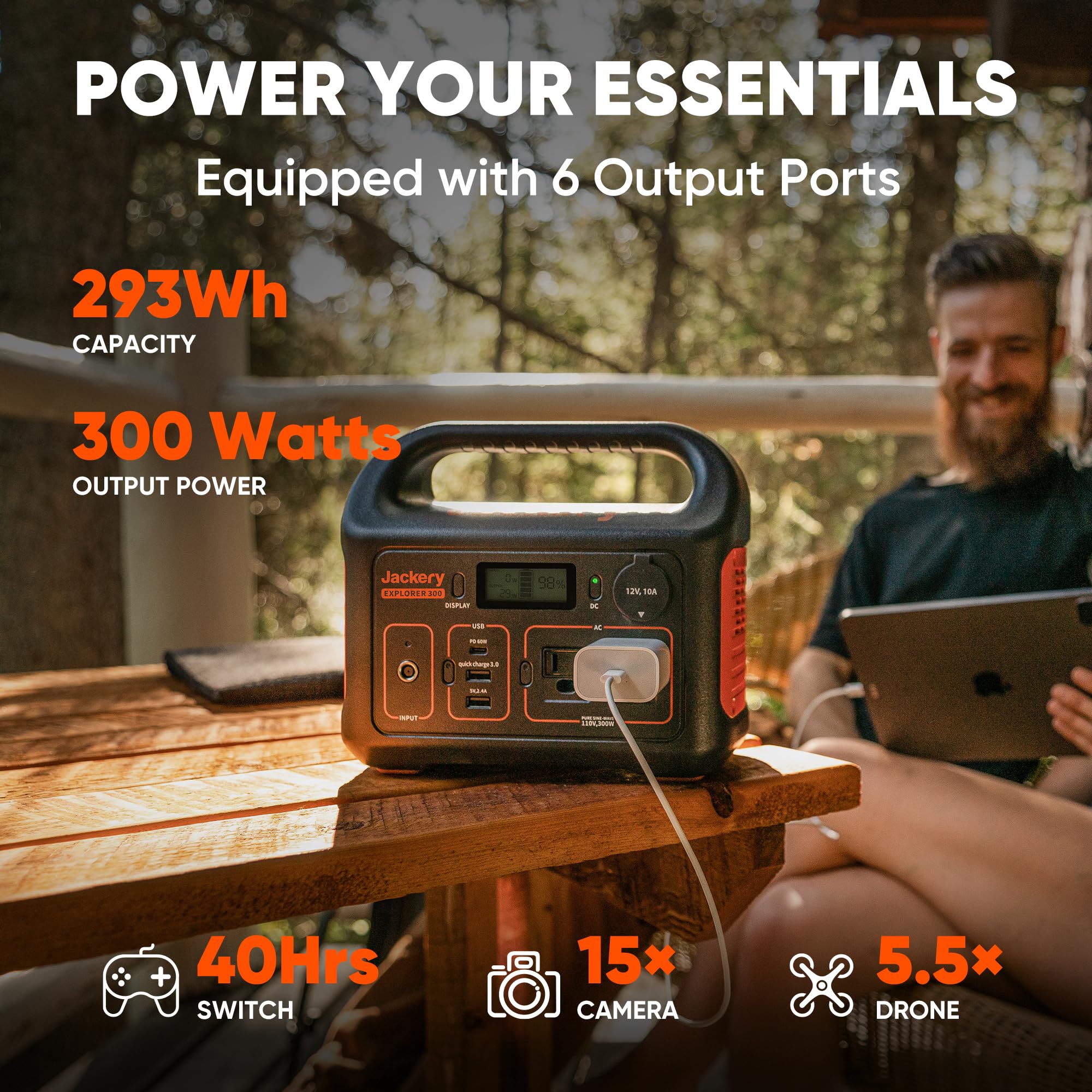 Jackery Explorer 300 two AC outlets for versatile electronics.