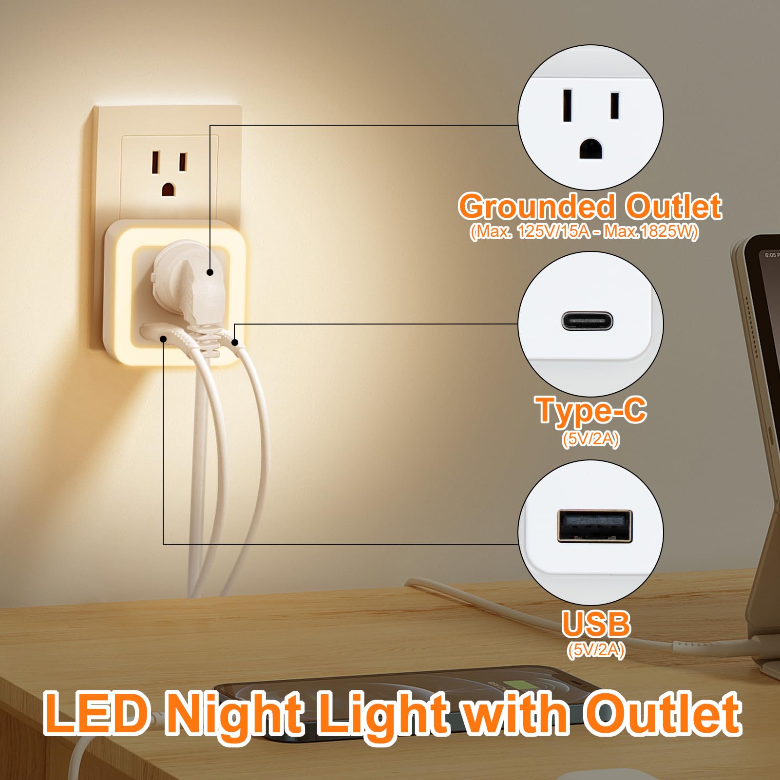 JackonLux night light with emergency battery provides steady illumination during power outages.