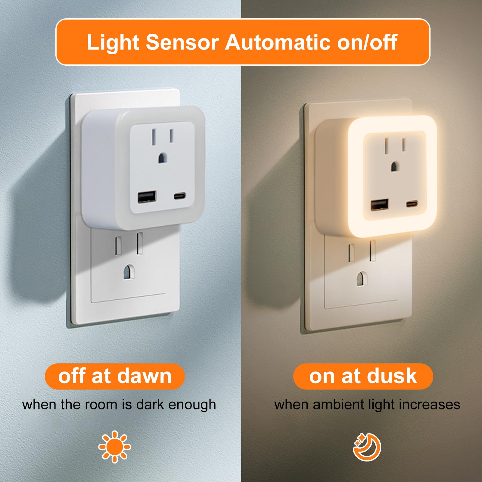 JackonLux night light doubles as USB-C/USB-A charging hub beside the socket.