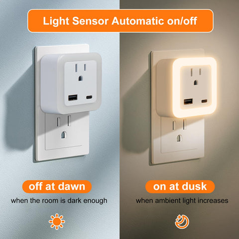 JackonLux night light doubles as USB-C/USB-A charging hub beside the socket.