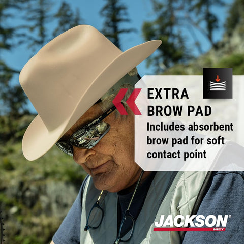 Jackson Safety Cowboy Hard Hat includes absorbent brow pad for forehead comfort