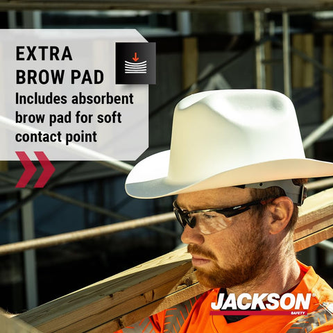 Moisture-wicking sweatband on Jackson Safety Cowboy hard hat keeps forehead dry