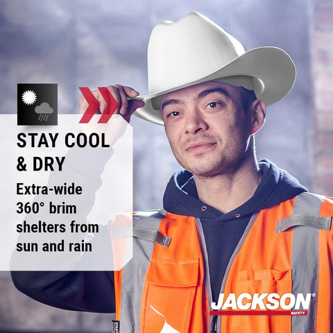 Wide brim of Jackson Safety Cowboy hard hat provides sun and rain protection
