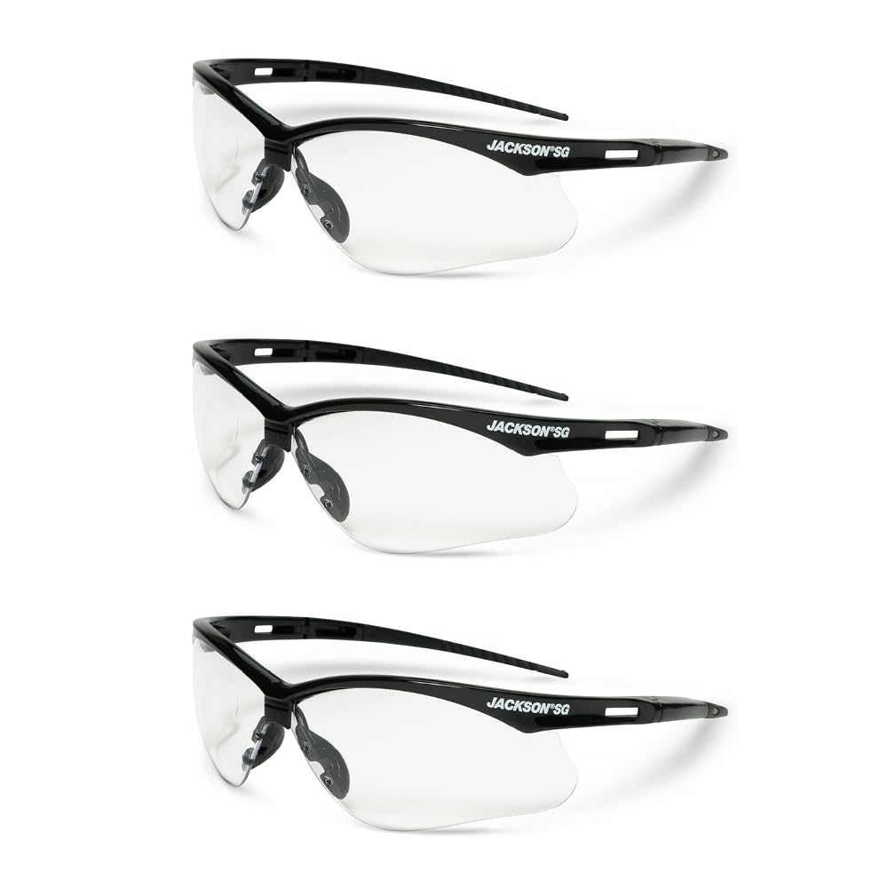 Jackson Safety SG safety glasses with a black frame for durable, all-day eye protection.