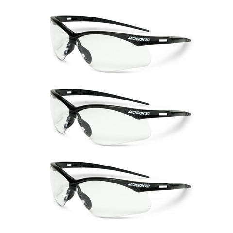 Jackson Safety SG safety glasses with a black frame for durable, all-day eye protection.