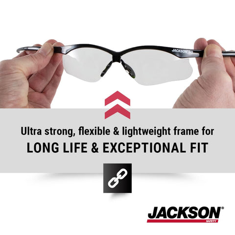 Jackson Safety SG wraparound vision extends protection to the periphery.