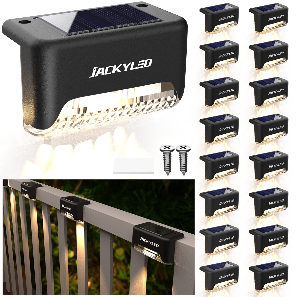 JACKYLED solar step lights on deck illuminate stairs safely at night.