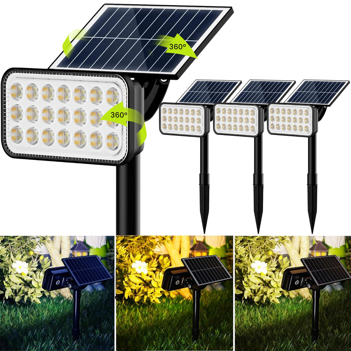 JACKYLED 84-LED solar spotlight front view highlighting landscape features