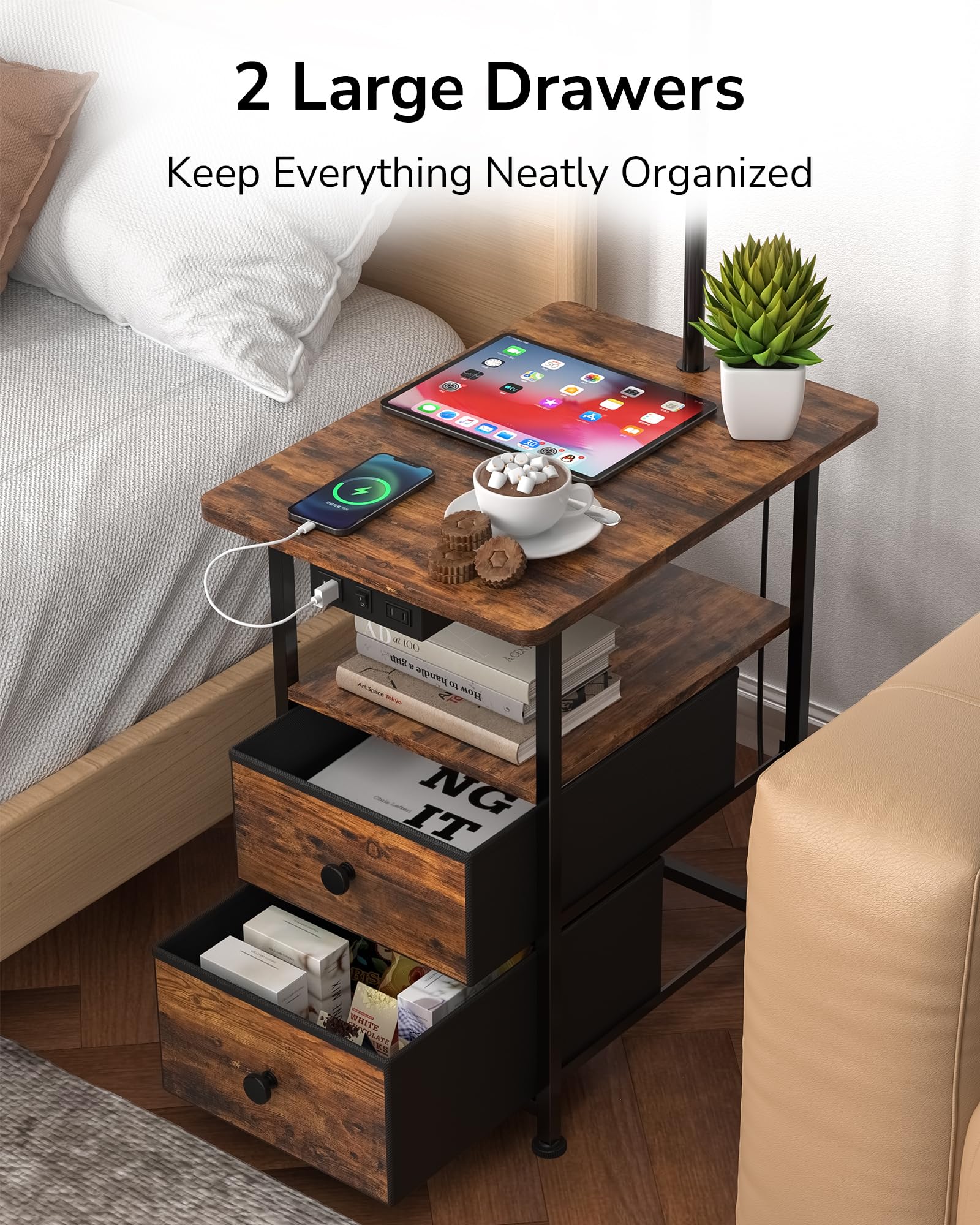 JACKYLED end table lamp storage provides easy reach for snacks and devices.