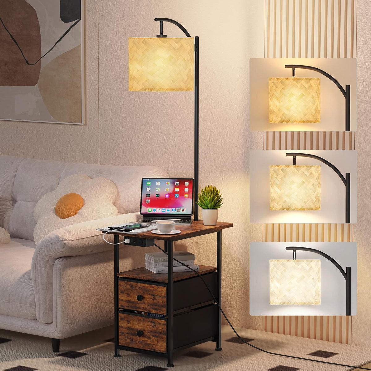 JACKYLED floor lamp with table and drawers saves space while keeping essentials at hand.