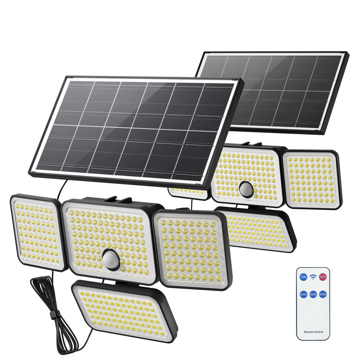JACKYLED four-head floodlight with motion remote for broad yard illumination.