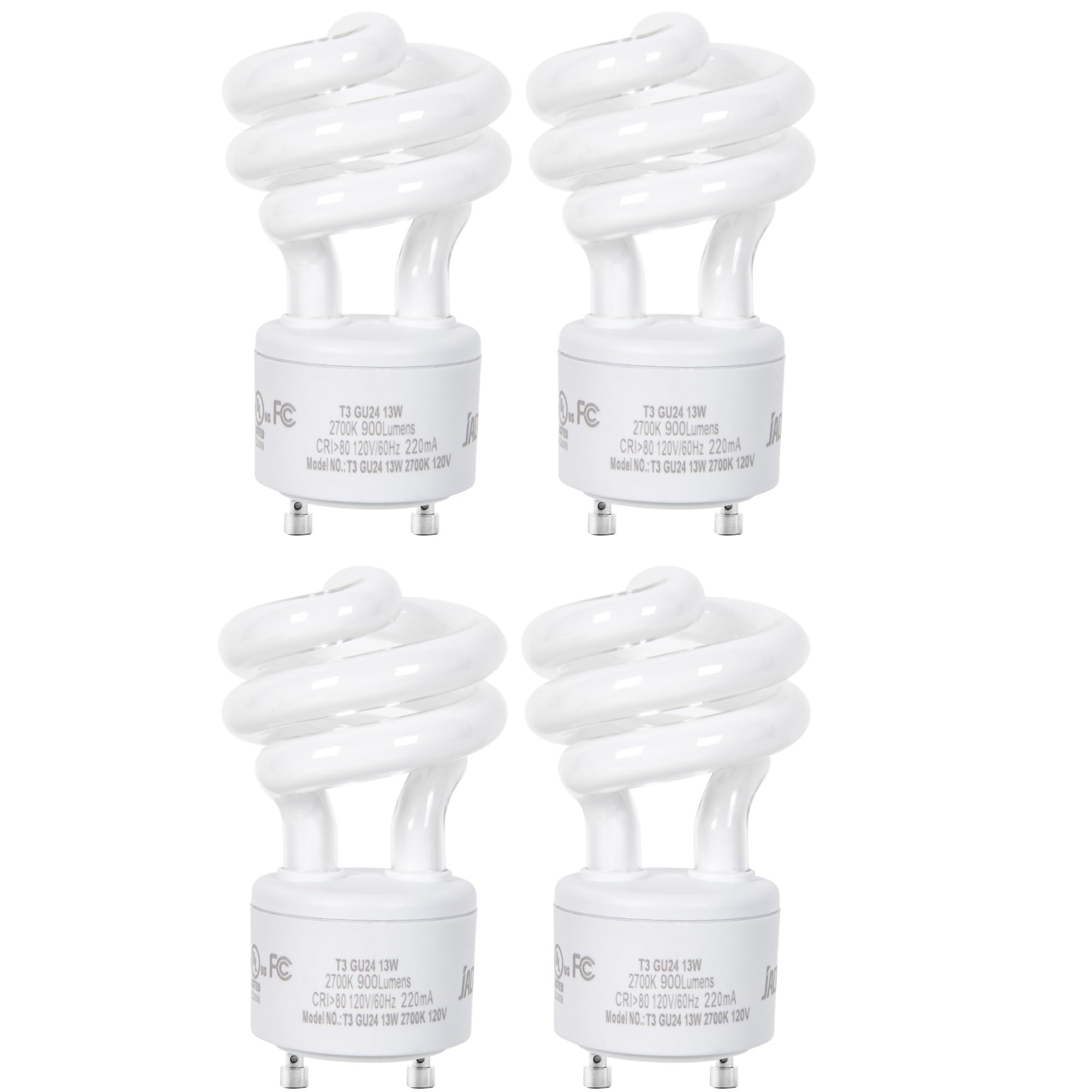 JACKYLED GU24 CFL bulb 2700K warms living spaces efficiently in a four-pack.