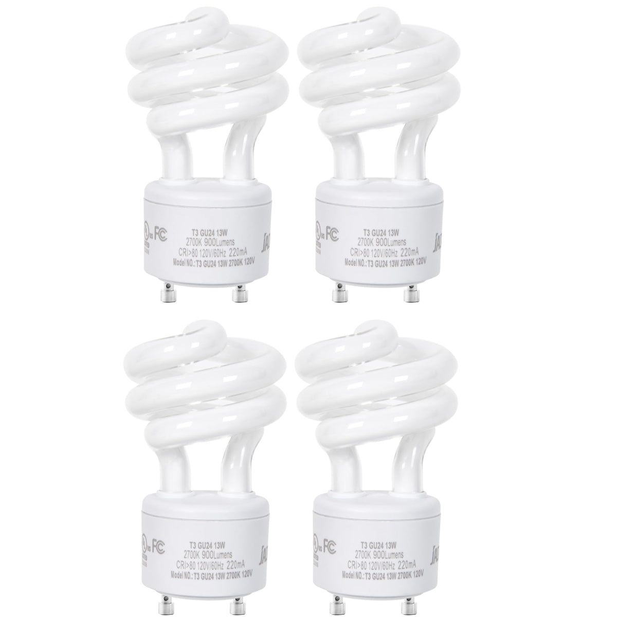 JACKYLED GU24 CFL bulb 2700K warms living spaces efficiently in a four-pack.