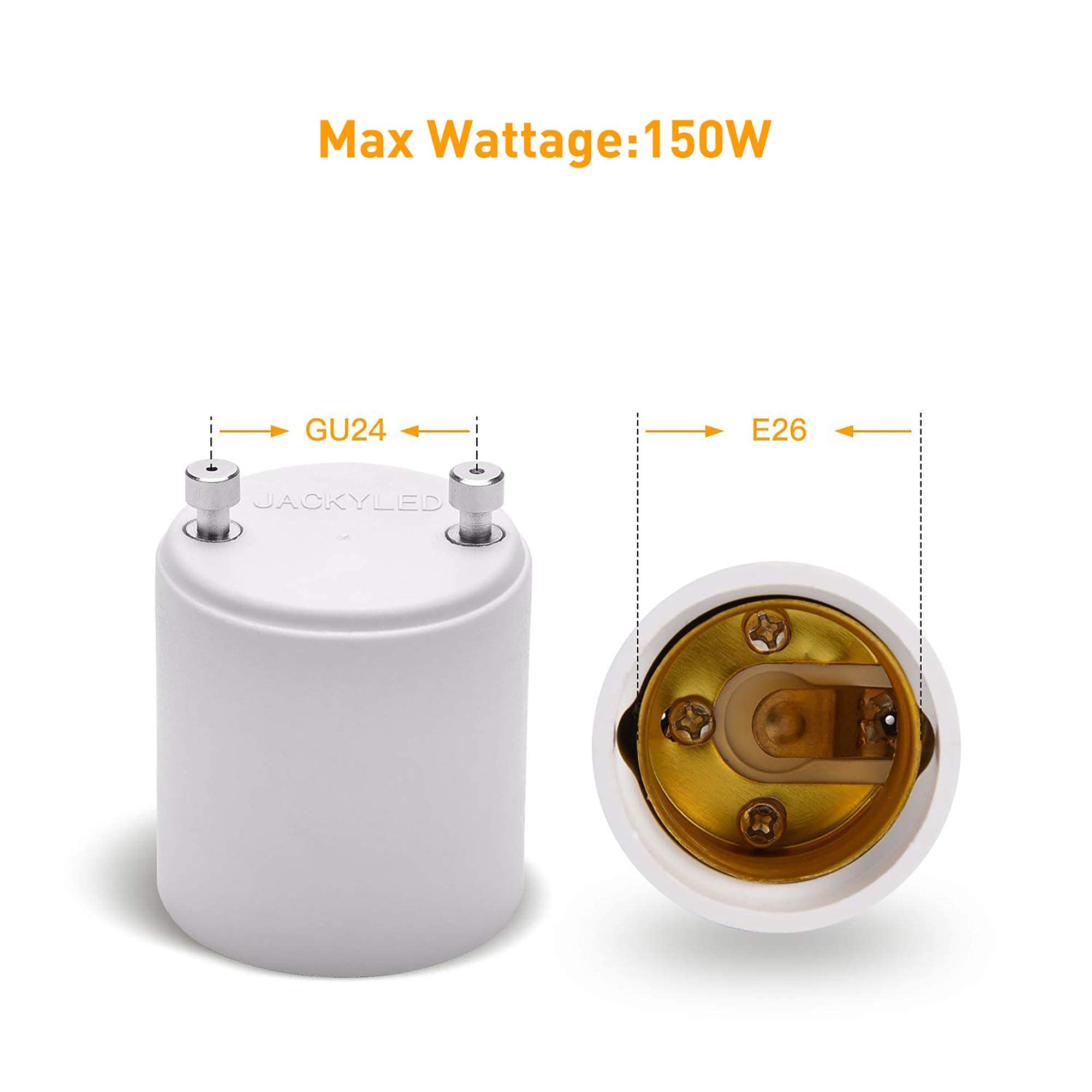 JACKYLED GU24 to E26/E27 adapter connects GU24 to E26 socket.