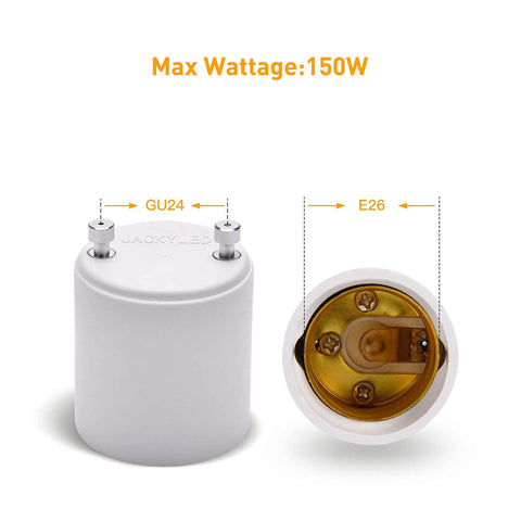 JACKYLED GU24 to E26/E27 adapter connects GU24 to E26 socket.