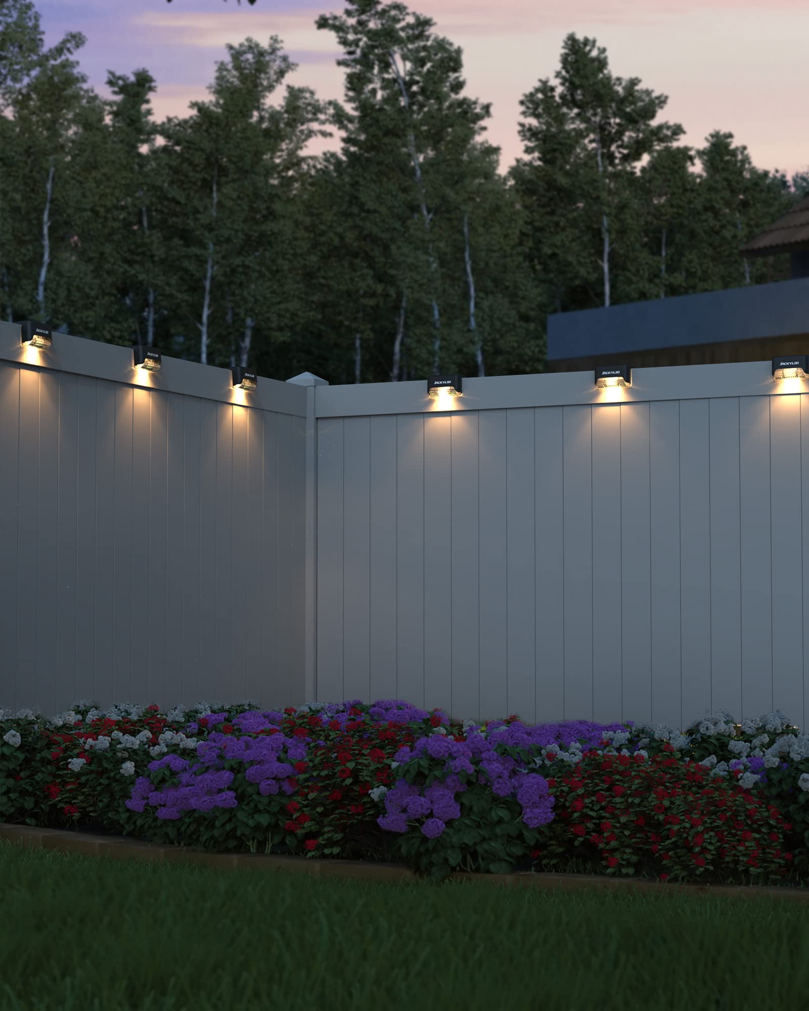 JACKYLED lights auto on at dusk for hands-free outdoor lighting.