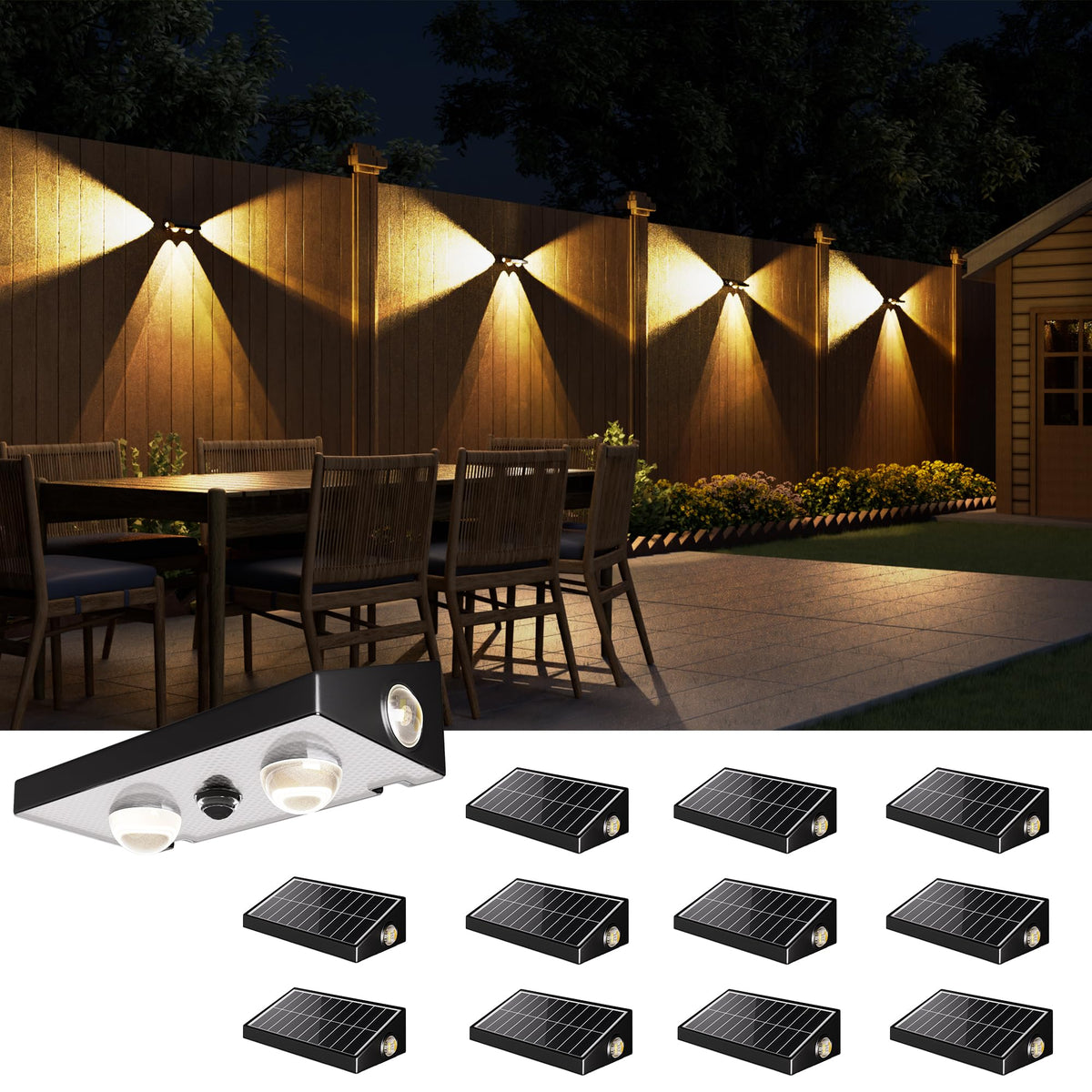 JACKYLED solar fence light 3-way lens closeup showing ground illumination