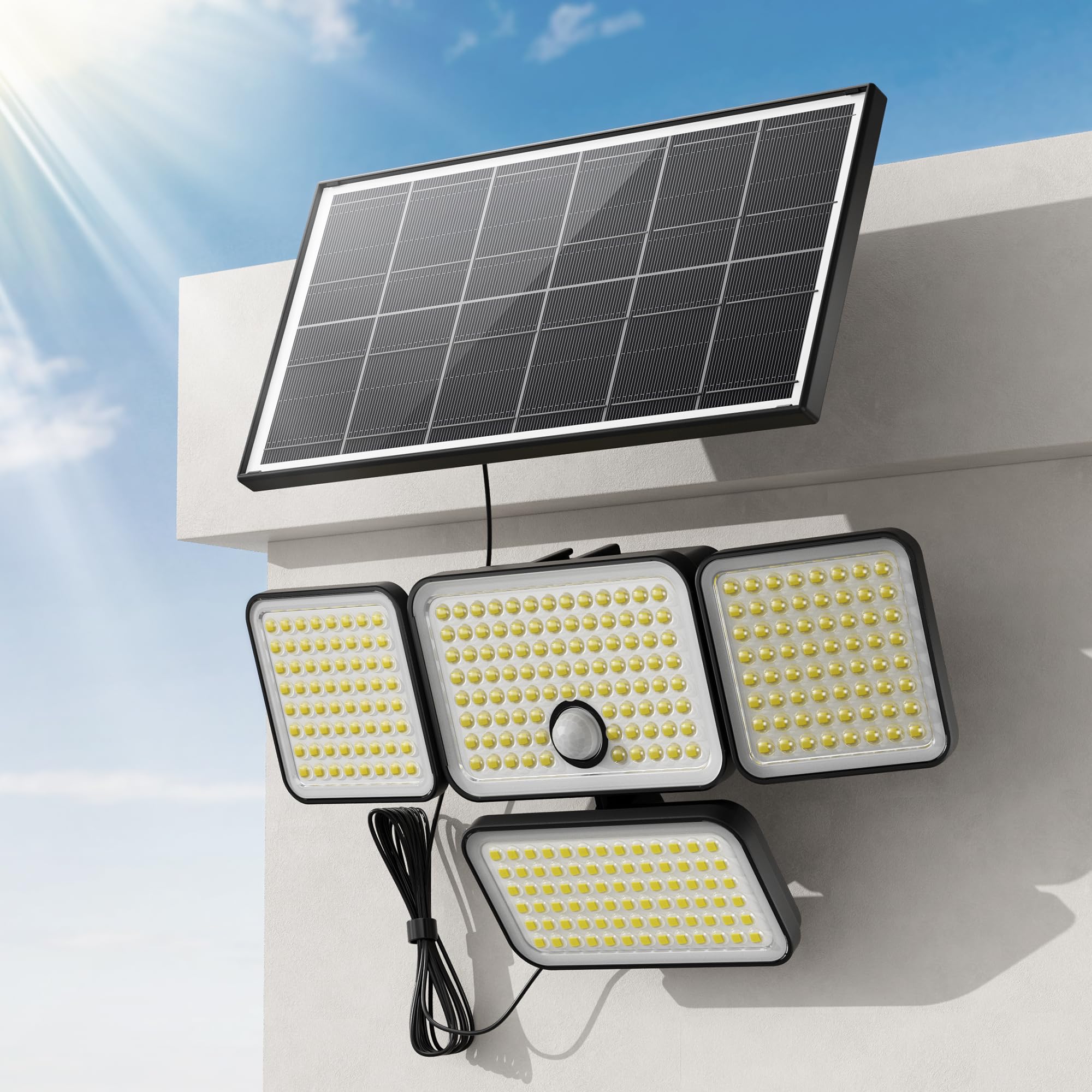 JACKYLED four-head outdoor solar lights illuminate the yard with 2500 lumens for even coverage.
