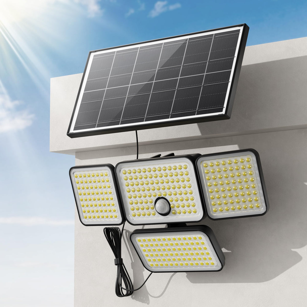 JACKYLED four-head outdoor solar lights illuminate the yard with 2500 lumens for even coverage.