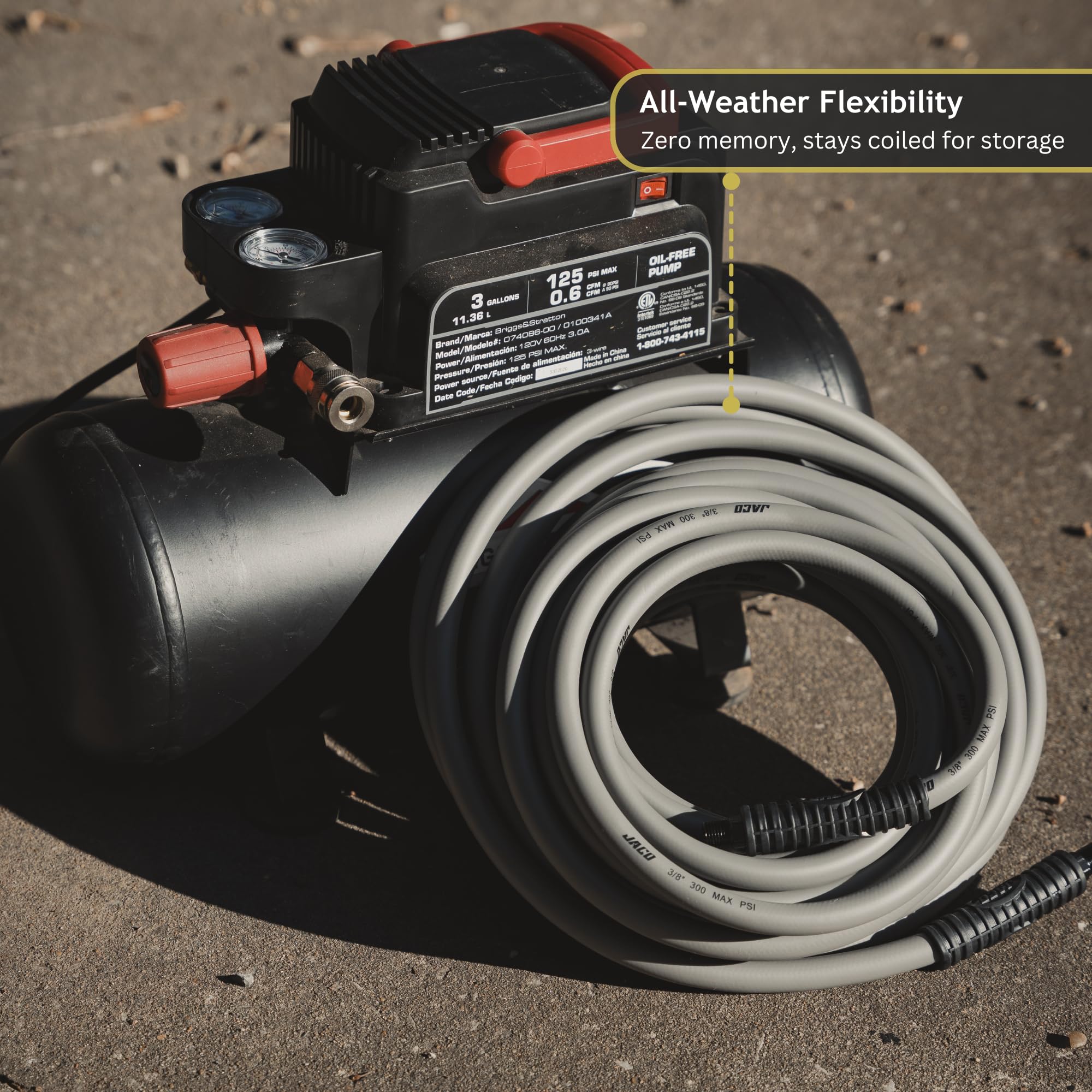 JACO FlexPro hose demonstrates cold-weather flexibility and kink resistance.