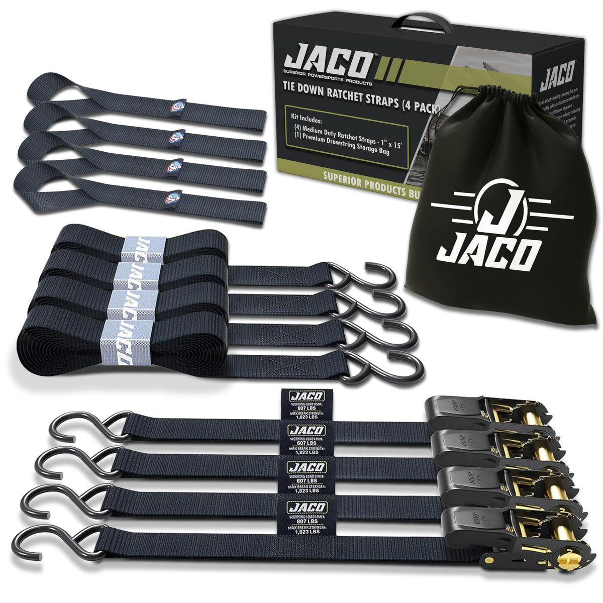 JACO ratchet tie down straps pack of four securing cargo securely with strong straps.