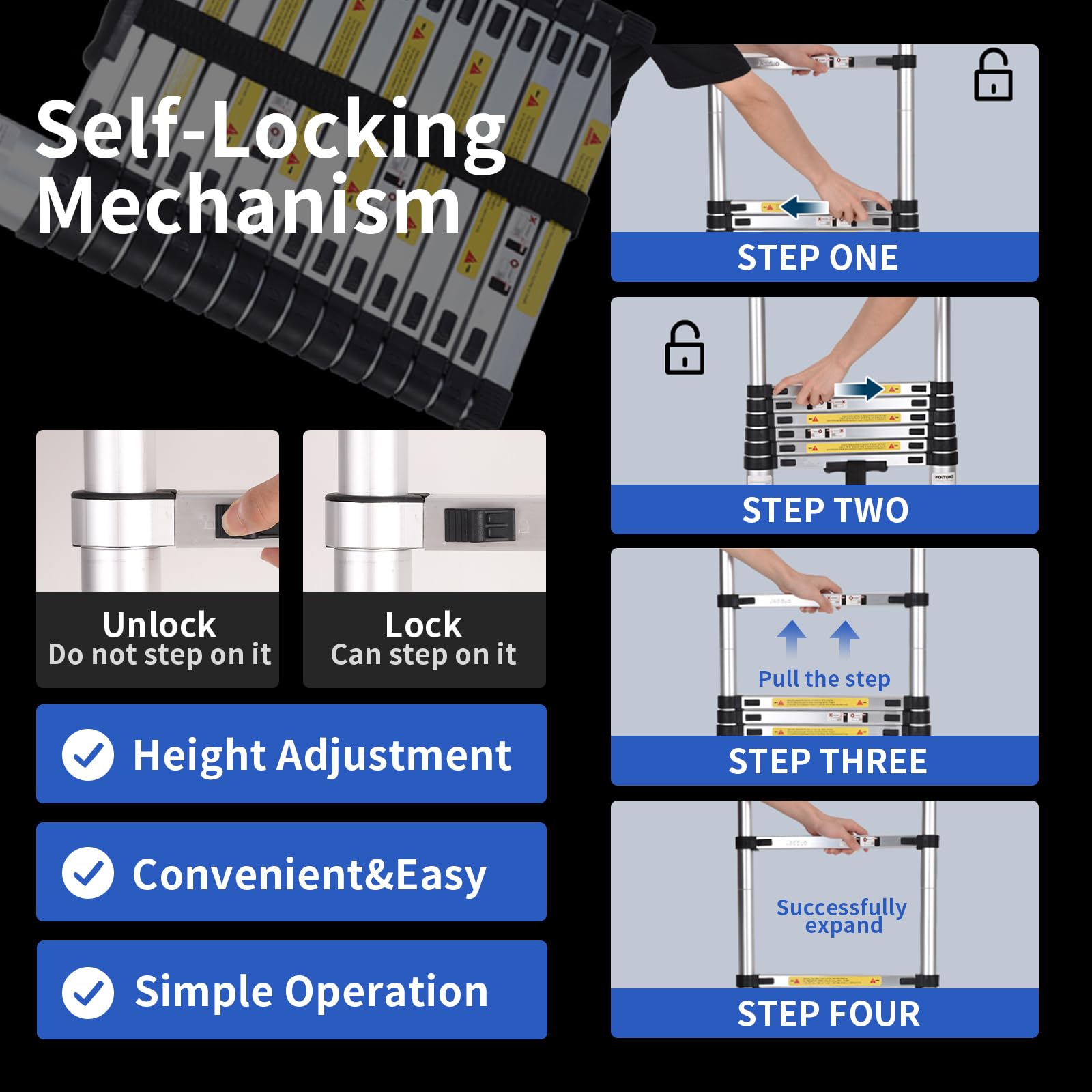 JADDUO ladder folds to compact storage beside furniture.