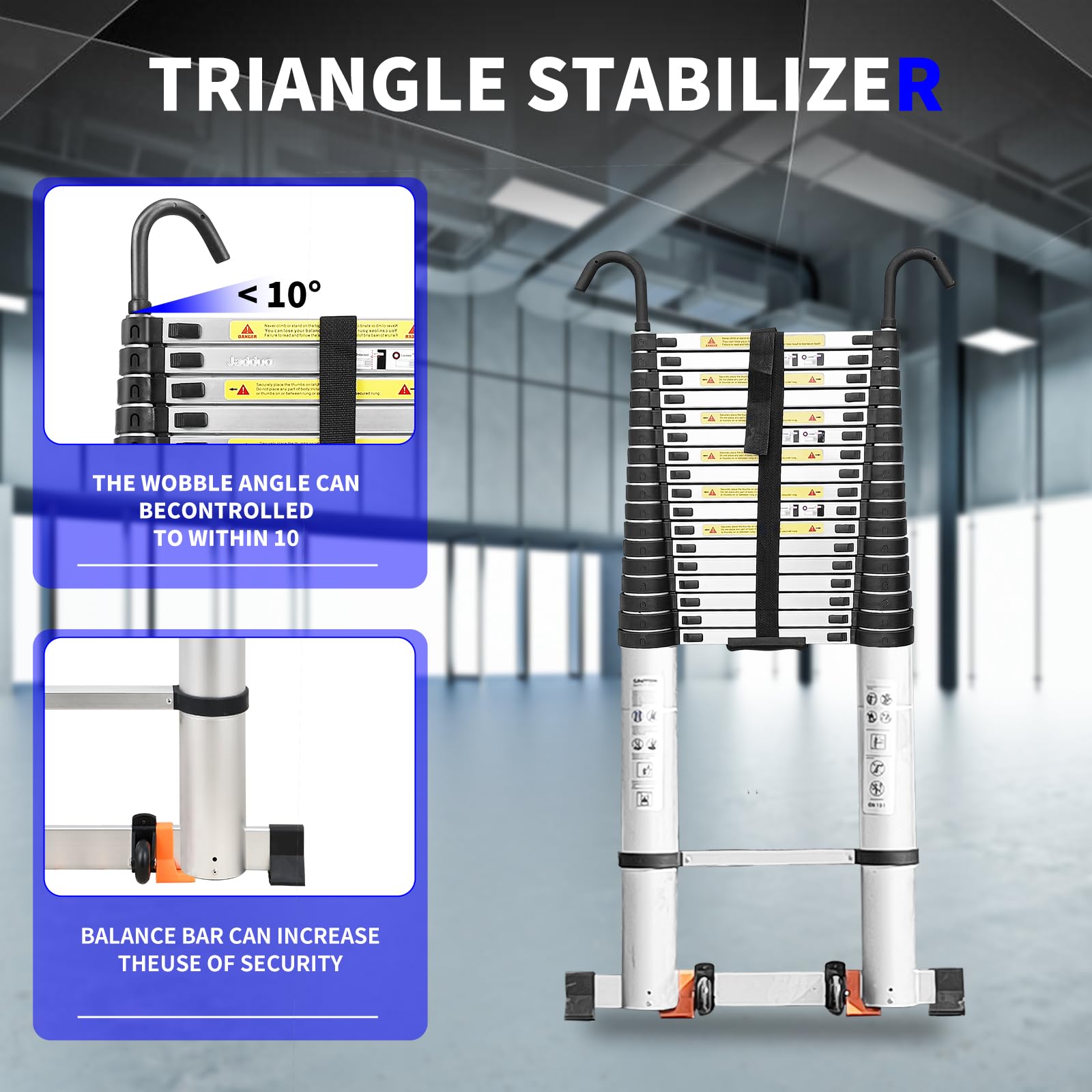 JADDUO telescoping ladder aluminum-construction highlights durable, lightweight build.
