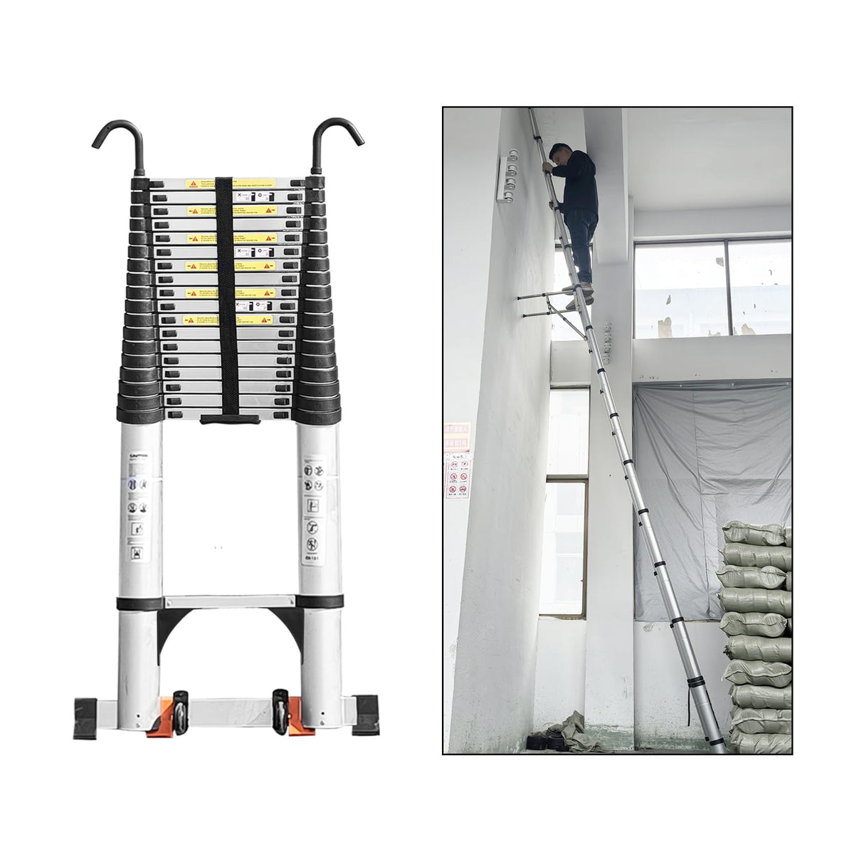 JADDUO telescoping ladder fully extended offers stable reach for tall cabinets.