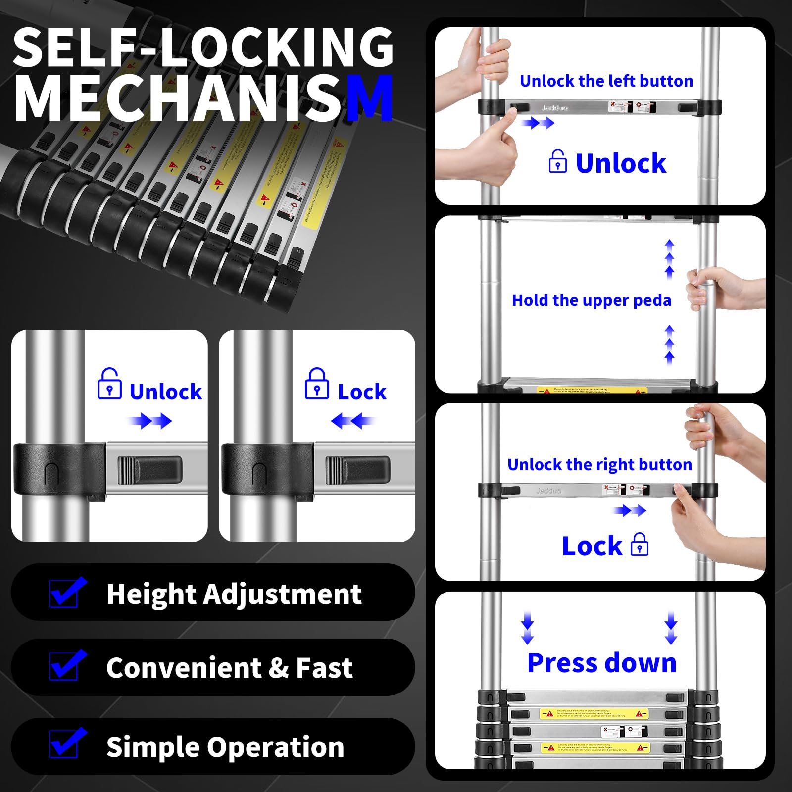 JADDUO telescoping ladder tri-stabilizers improve balance on uneven surfaces.