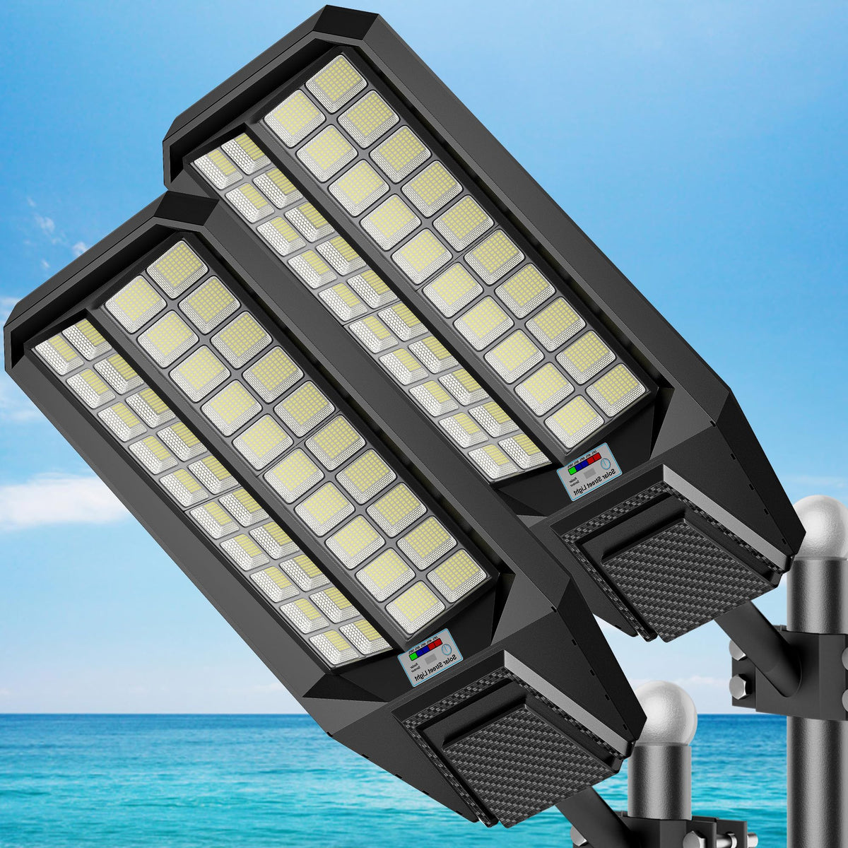 Jadisi 10000W solar street light front view with broad outdoor illumination for parking areas